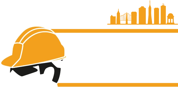 Illustration of a yellow construction helmet and safety glasses on the left, with a city skyline and horizontal orange lines on a white background.