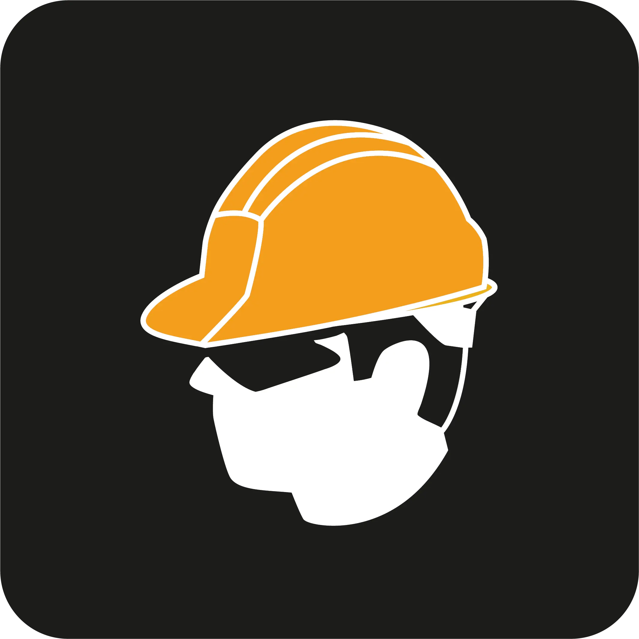 Icon of a person wearing a yellow hard hat, safety glasses, and a face mask on a black background.