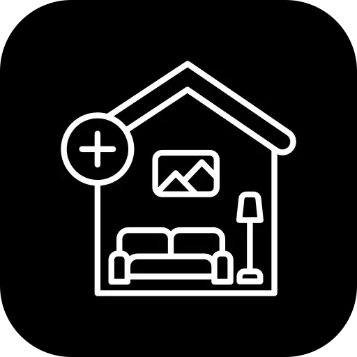 White line icon of a house with a plus sign, showing a living room setup with a sofa, picture frame, and floor lamp, on a black background.