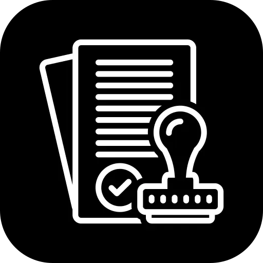 White icon of stacked documents with a checkmark, accompanied by a rubber stamp, on a black background.