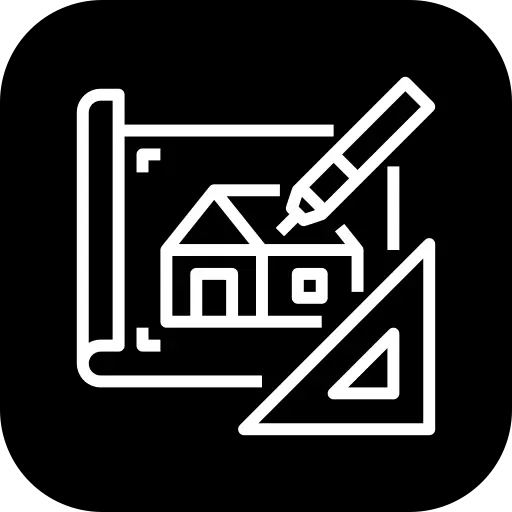 White outline icon of a house blueprint with a pencil and triangle ruler on a black background, representing architectural design or planning.
