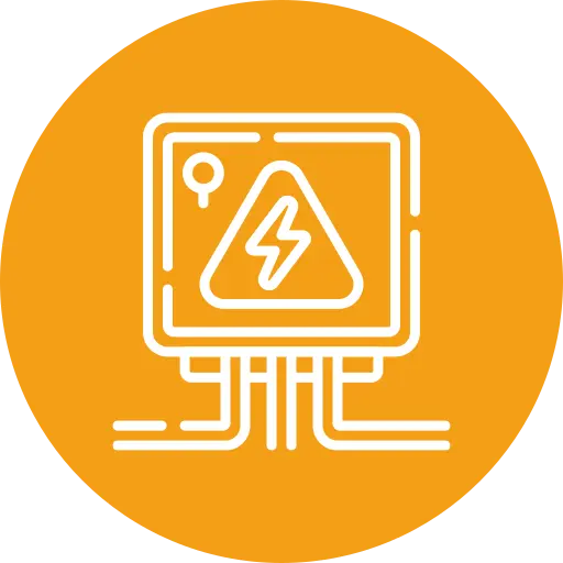 White line drawing of an electrical control panel with a lightning bolt warning symbol on an orange circular background.