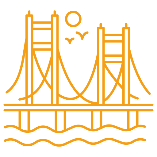 Simple orange line drawing of a suspension bridge over water with the sun and two flying birds in the background.