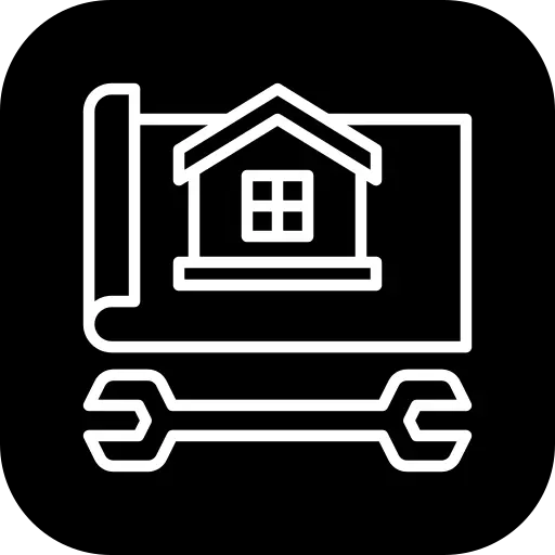 White outline of a house on a blueprint above a wrench icon, symbolizing home construction or renovation, on a black background.