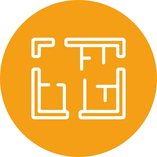 White outline of a floor plan icon centered on an orange circular background.