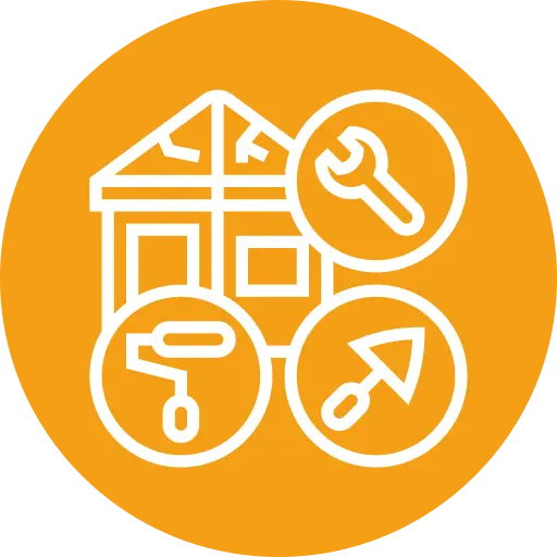 White line drawing of a house with three tool icons—wrench, paint roller, and trowel—inside circles, on an orange circular background.