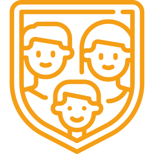 Orange outline icon of three people, two adults and one child, inside a shield shape, representing family or protection.