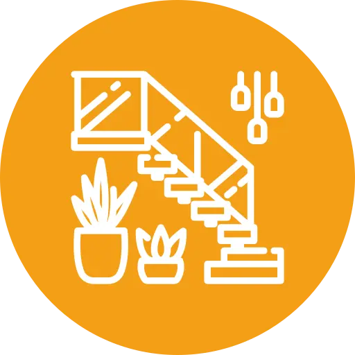 White line drawing of stairs with two potted plants beneath and three hanging pendant lights, on an orange circular background.