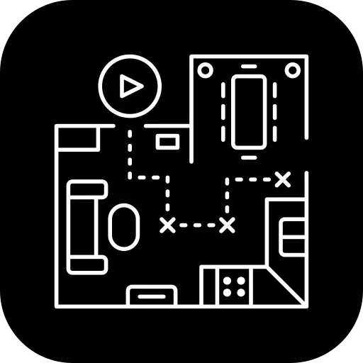 Simplified floor plan with marked path, couches, tables, a door, and a play button icon on a black background.