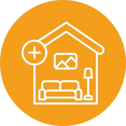 White outline of a house with a sofa, floor lamp, and picture inside, plus sign on the left, on an orange circular background.