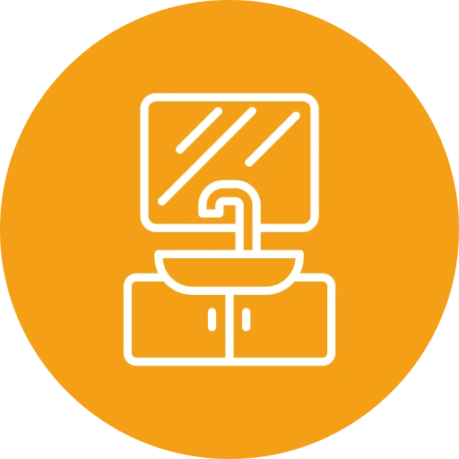 White line icon of a bathroom sink with a faucet, cabinet, and mirror on an orange circular background.