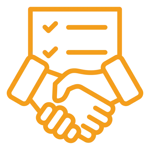 Orange outline icon of two hands shaking with a checklist in the background featuring two check marks and two horizontal lines.