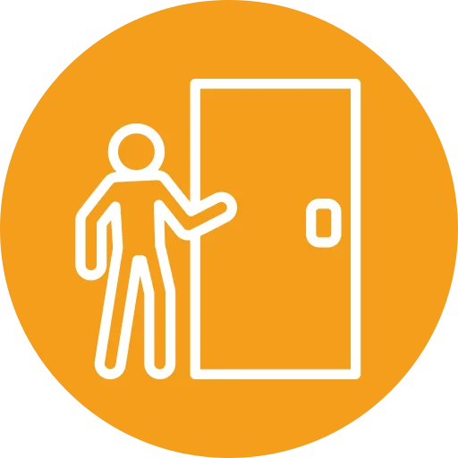 White outline of a person opening a door, shown on an orange circular background.