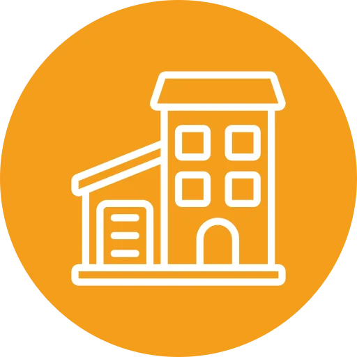 White outline of a house with a garage on an orange circular background.