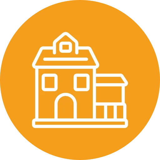 White outline of a house with a garage on an orange circular background.