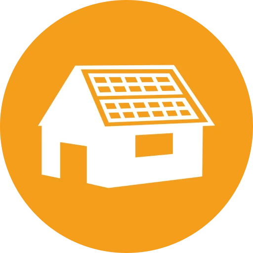 White icon of a house with solar panels on the roof, set against an orange circular background.