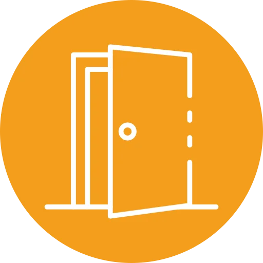 White outline of an open door on an orange circular background.