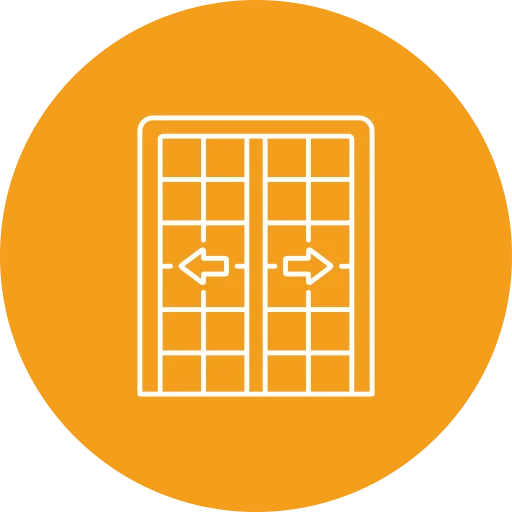 White icon of sliding doors with arrows pointing outward on both sides, centered on an orange circular background.