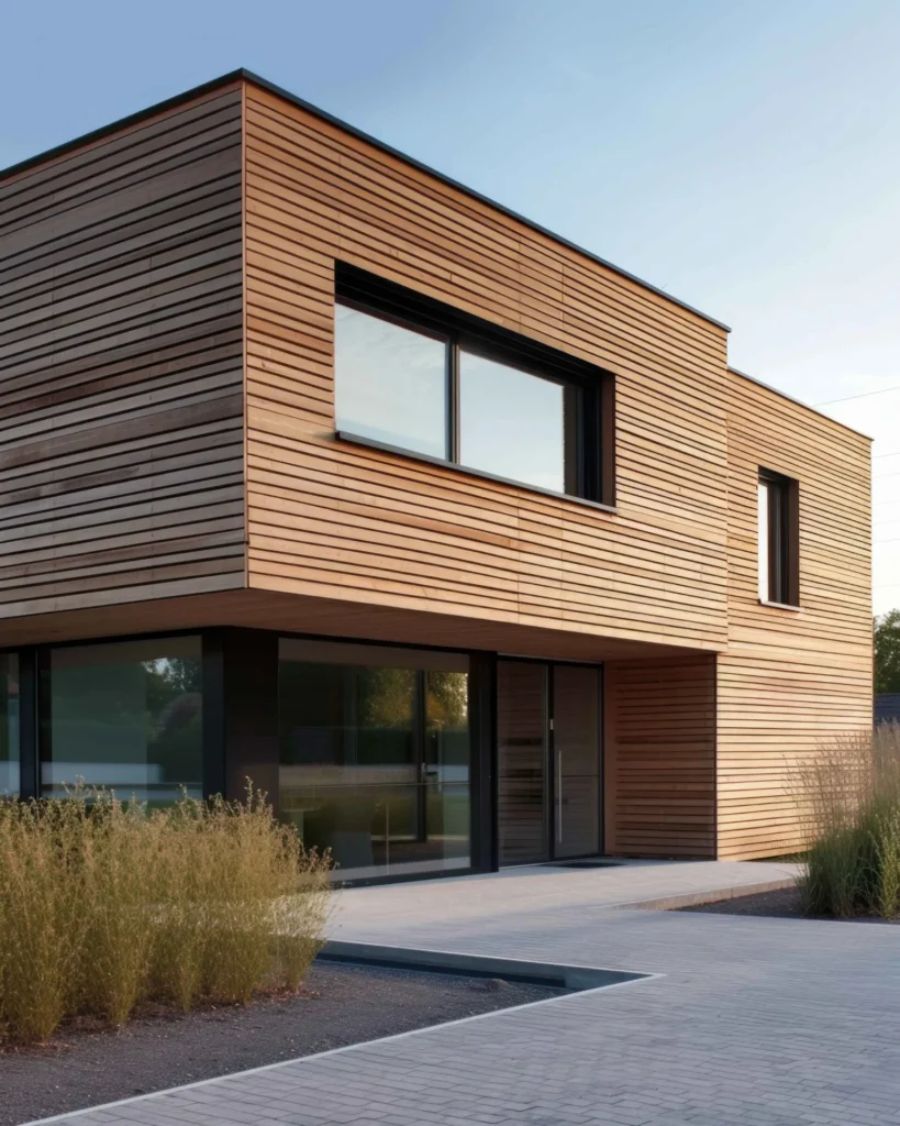 A modern two-story house with horizontal wooden paneling, large windows, and a minimalist landscape with paving and ornamental grasses.