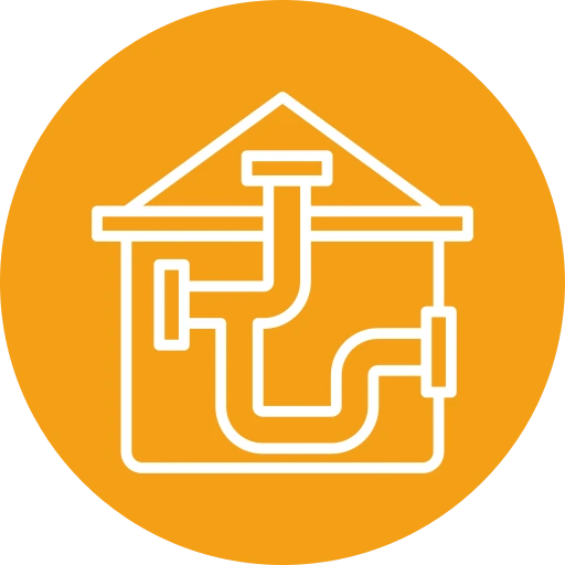 White outline of a house with visible pipes inside, shown on an orange circular background, symbolizing plumbing or piping systems.