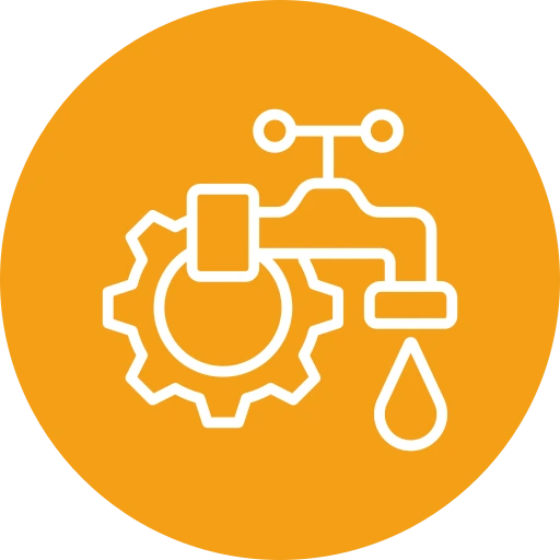White outline of a gear and water faucet with a droplet, centered on an orange circular background.
