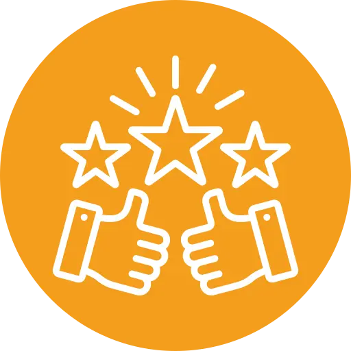 White outline of two thumbs up and three stars on an orange circular background, symbolizing approval or positive feedback.