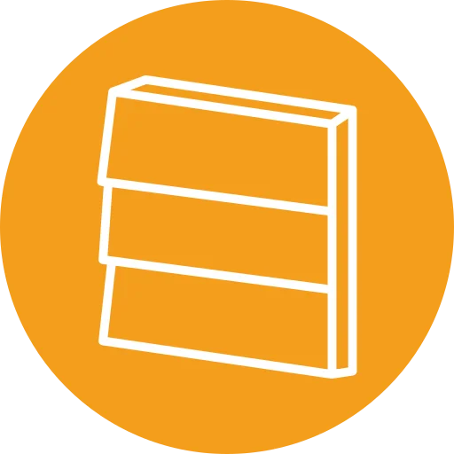 A white outline of a louvered vent or slatted panel is shown on an orange circular background.