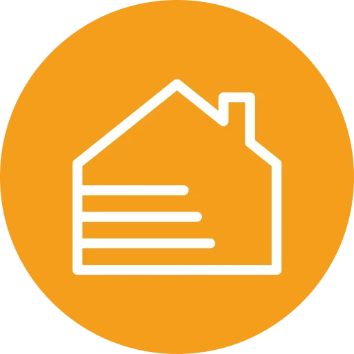 White house outline with three horizontal lines inside, on an orange circular background.