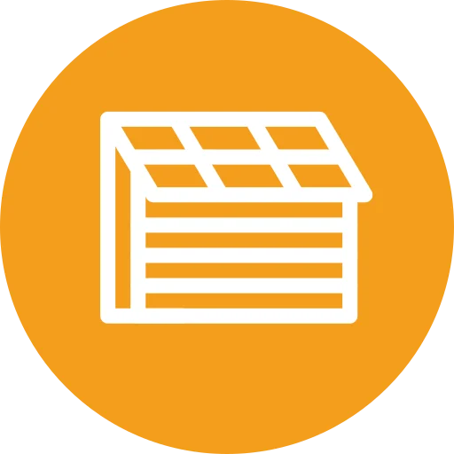 White icon of a shed or small building with a slanted roof, displayed on an orange circular background.