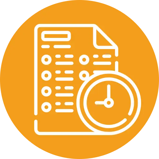 White outline of a checklist and a clock on an orange circular background, representing time management or task scheduling.
